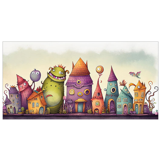 Cartoon illustrasjon "Monsterbyen" - et fantastisk sted der små, søte monstre utforsker sin livlige og fargerike verden. 