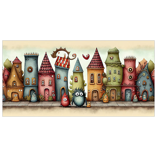 Cartoon illustrasjon "Monsterbyen" - et fantastisk sted der små, søte monstre utforsker sin livlige og fargerike verden.