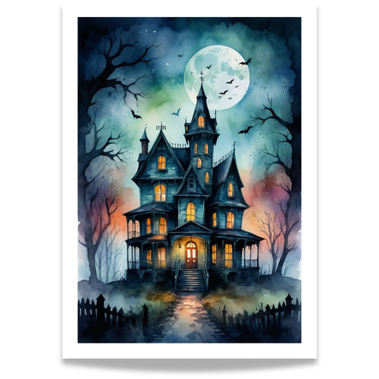 “Moonlit Mansion” viser et mørkt herskapshus badet i måneskinn. De glødende vinduene og de krokete trærne gir motivet en dramatisk og filmatisk stemning.