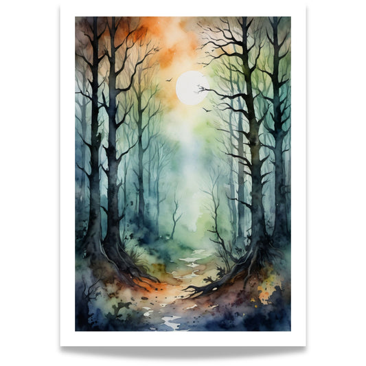 “Moonlit Path” viser en månebelyst skogssti som slynger seg inn i det ukjente. 