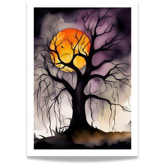Skap en mystisk og fengslende atmosfære denne Halloween med Moonlit Tree, en dramatisk Halloween-plakat som viser et mørkt, forvridd tre under en lysende, oransje fullmåne