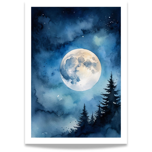 “Moonrise Pines” fanger stillheten i en måneopplyst skog. Den store fullmånen lyser over mørke tretopper, mens blåtonene skaper en rolig og mystisk atmosfære.
