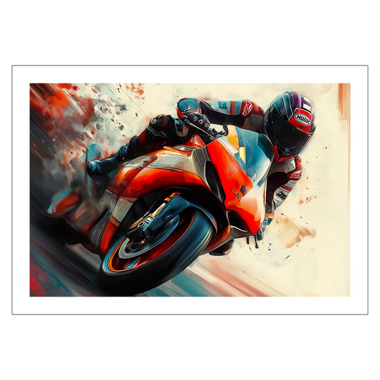 Grafiske illustrasjon som fanger øyeblikket av en motorsyklist i full fart, svevende på en rød og hvit motorsykkel.
