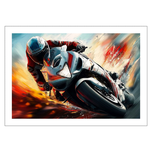 Denne unike grafiske illustrasjonen fanger øyeblikket av en motorsyklist i full fart.