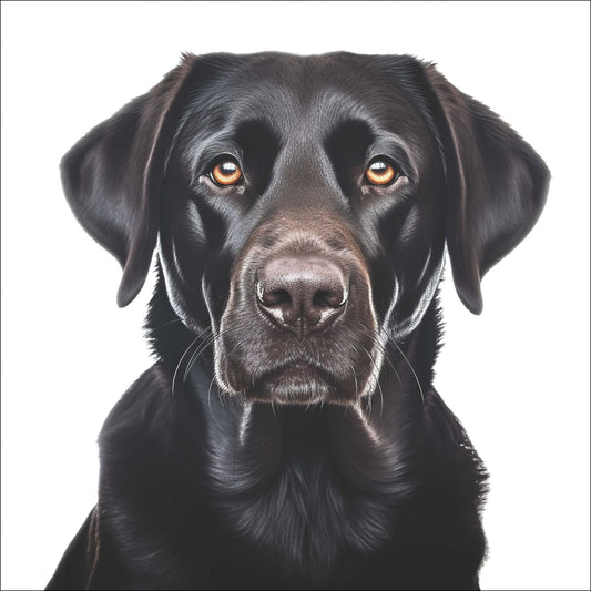 Denne plakaten viser et vakkert portrett av en svart labrador, kjent for sin rolige natur og hengivenhet.
