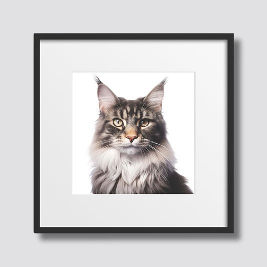 Denne detaljerte plakaten viser den vakre Maine Coon med sin imponerende pels og våkne, intelligente blikk. Illustrasjonsfoto viser motivet i sort ramme med passepartout.