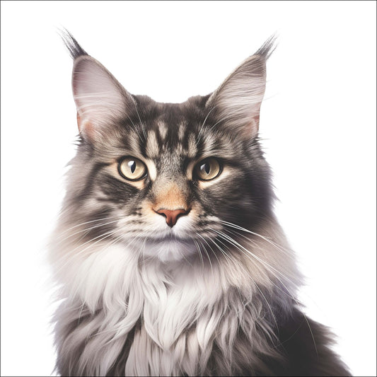 Denne detaljerte plakaten viser den vakre Maine Coon med sin imponerende pels og våkne, intelligente blikk.