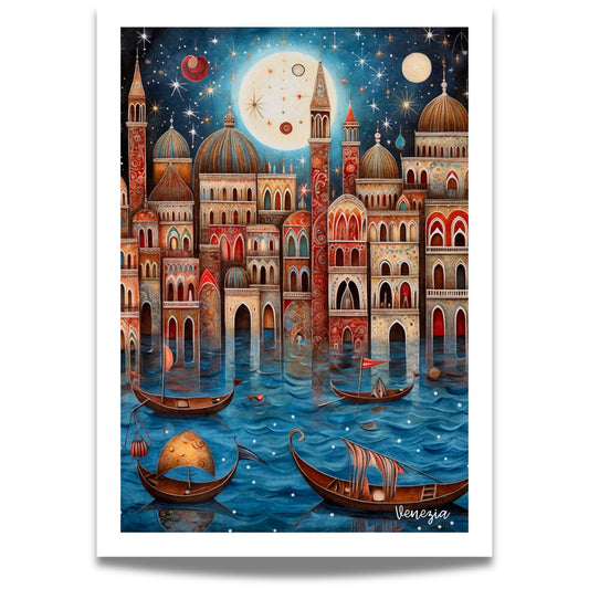 Ta med magien fra Venezia hjem med denne plakaten fylt med gondoler, måneskinn og arkitektur som flyter på vannet. Et vakkert valg for å skape ro og eventyrstemning i hjemmet.