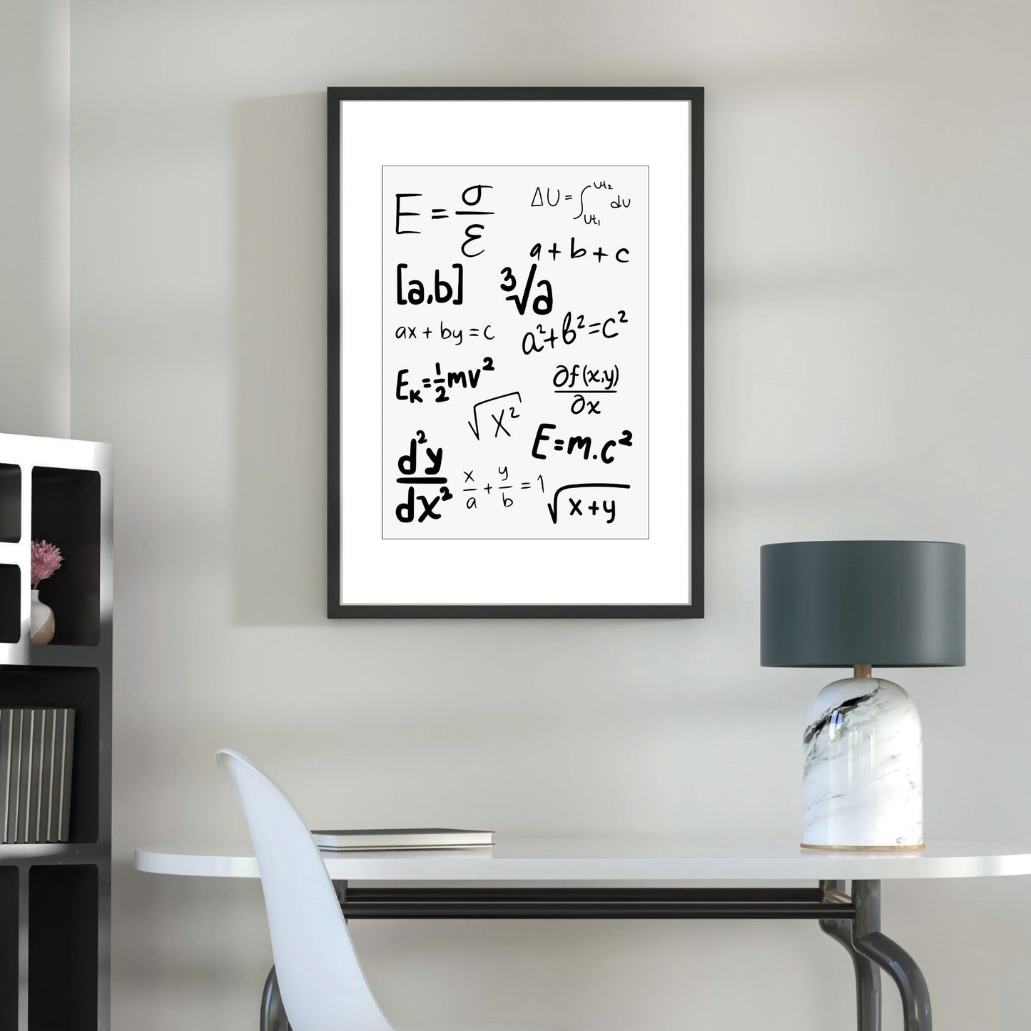 Inspirerende og dekorativ plakat av matematiske formler til studenthybelen. Illustrasjonsfoto viser plakaten med lys grå bakgrunn og sort ramme med passepartout hengt opp på en vegg. 