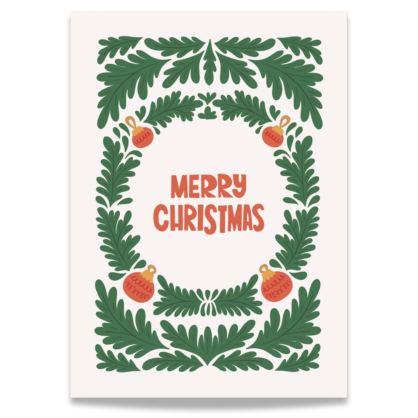 Dette tidløse designet viser en elegant grønn krans dekorert med julepynt, som omkranser teksten "Merry Christmas" i en varm rød farge.