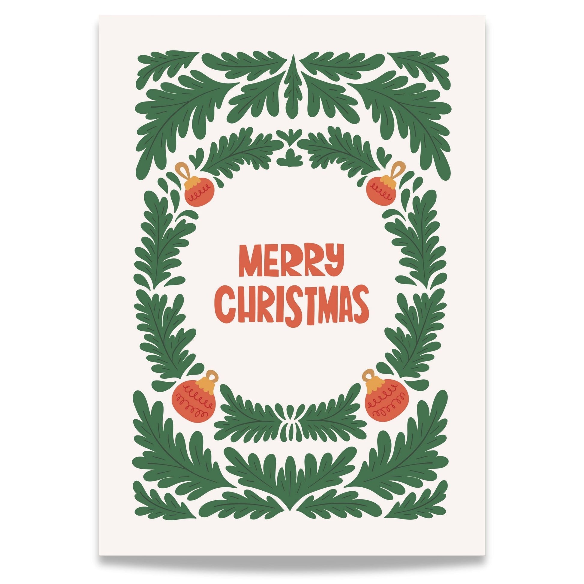 Dette tidløse designet viser en elegant grønn krans dekorert med julepynt, som omkranser teksten "Merry Christmas" i en varm rød farge.