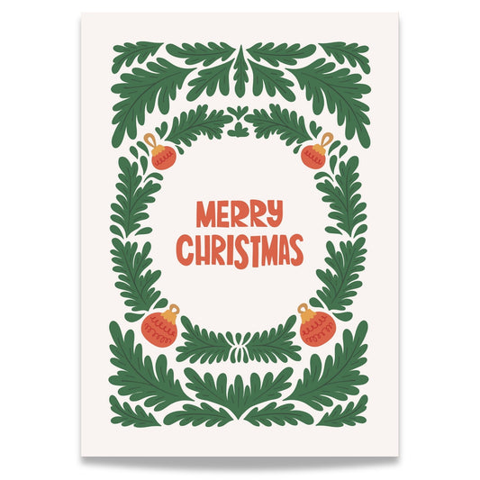 Dette tidløse designet viser en elegant grønn krans dekorert med julepynt, som omkranser teksten "Merry Christmas" i en varm rød farge.
