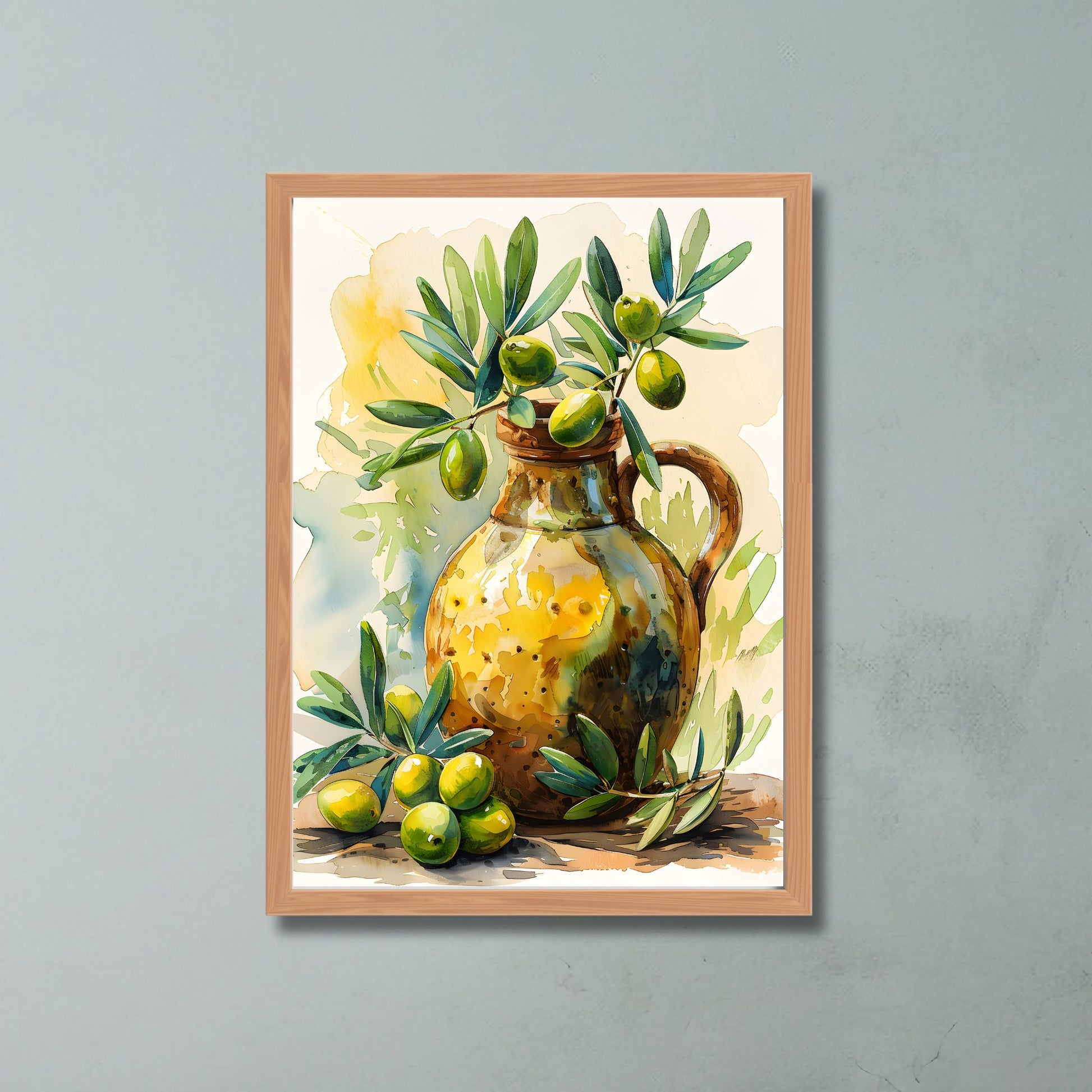 Dette akvarellen gjengir en rustikk olivenkrukke omgitt av friske oliven og grener, malt i en levende og detaljert akvarellstil. Illustrasjon viser plakat i en lys ramme.