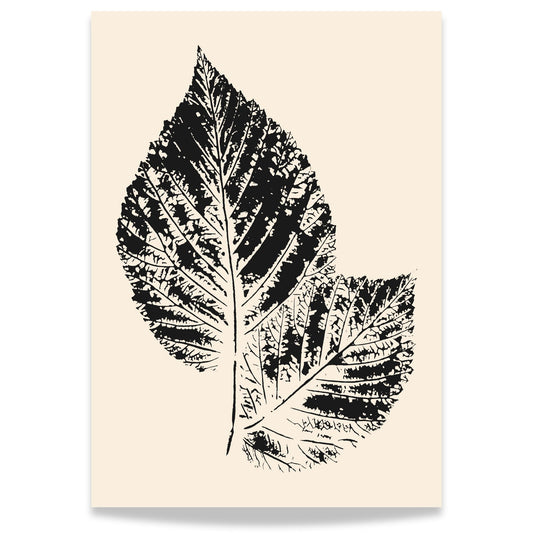 Elegante minimalistisk botanisk plakat i, som viser en detaljert dobbel bladillustrasjon i sort på beige bakgrunn.