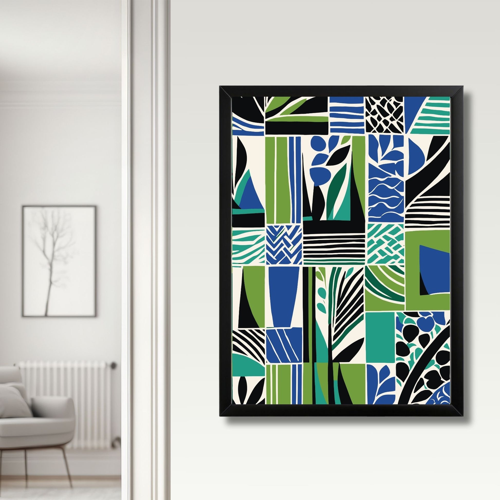 Dette kunstverket kombinerer abstrakte former og botaniske elementer i en dynamisk blanding av blå, grønne og svarte toner, perfekt for å skape et unikt fokuspunkt i ethvert rom. Illustrasjonen viser plakat i vertikalt format uten hvit kant, i sort ramme.