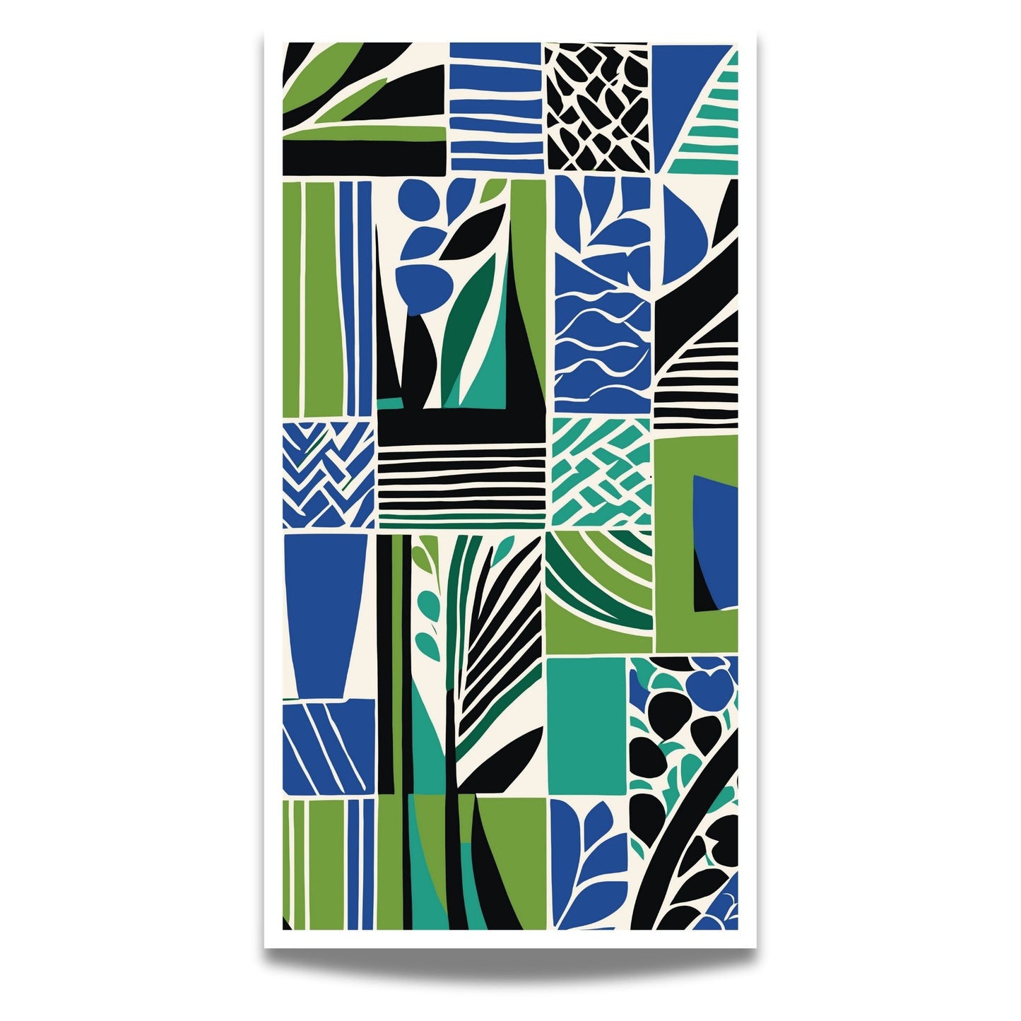 Dette kunstverket kombinerer abstrakte former og botaniske elementer i en dynamisk blanding av blå, grønne og svarte toner, perfekt for å skape et unikt fokuspunkt i ethvert rom. Vertikalt format.