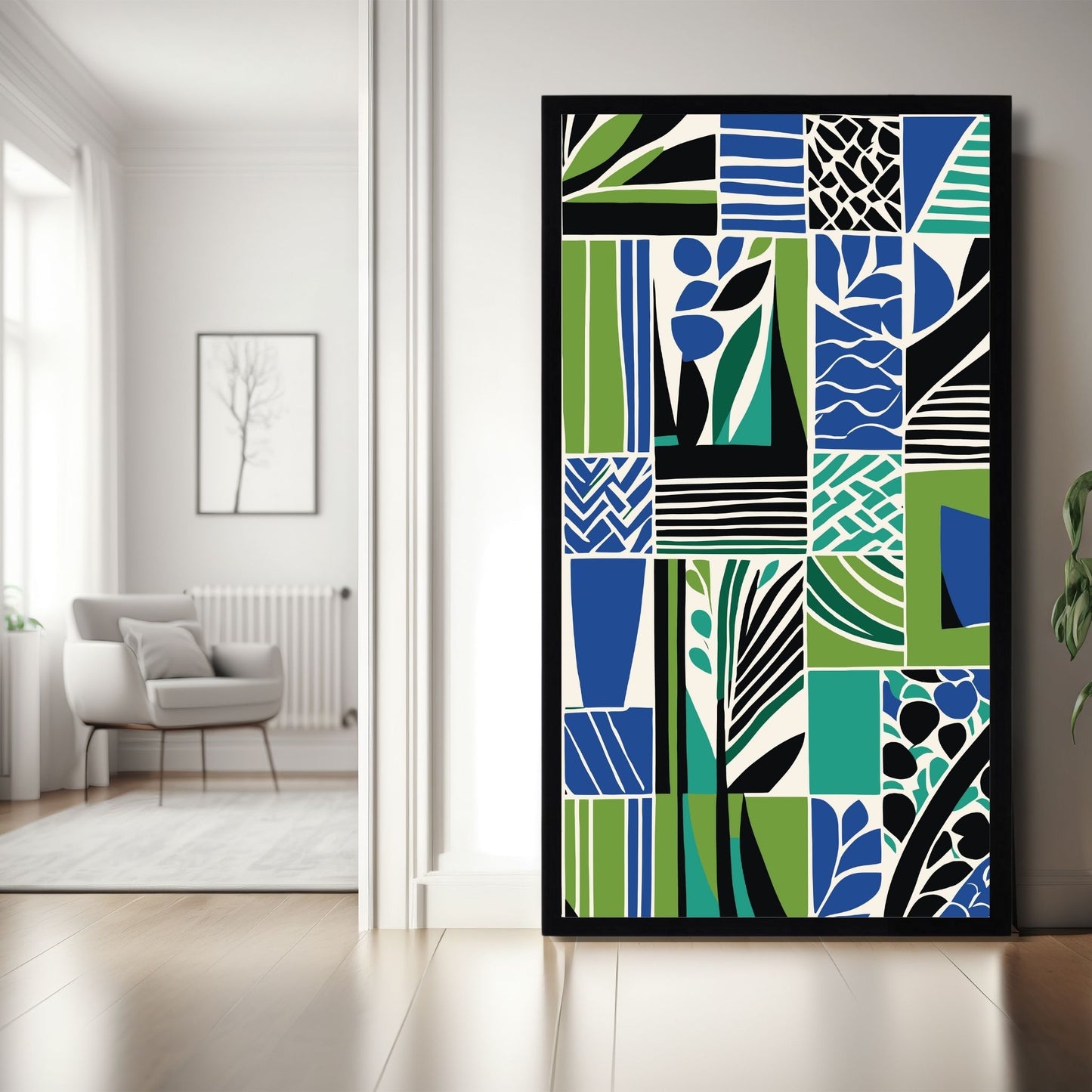 Dette kunstverket kombinerer abstrakte former og botaniske elementer i en dynamisk blanding av blå, grønne og svarte toner, perfekt for å skape et unikt fokuspunkt i ethvert rom. Illustrasjonen viser plakat i vertikalt format uten hvit kant, i sort ramme.