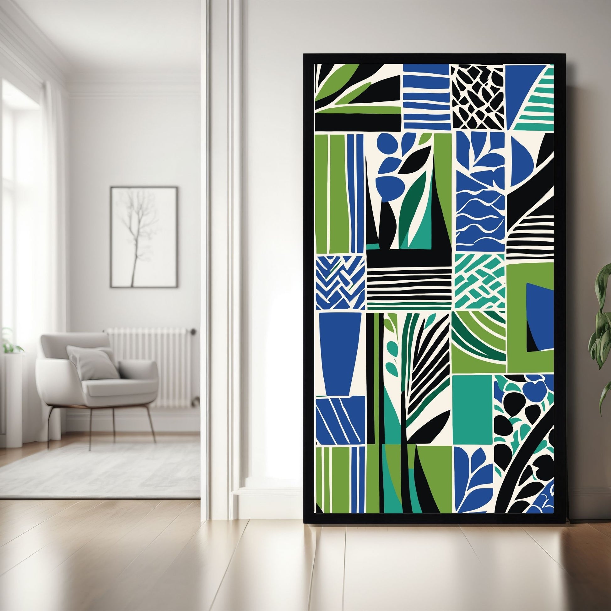Dette kunstverket kombinerer abstrakte former og botaniske elementer i en dynamisk blanding av blå, grønne og svarte toner, perfekt for å skape et unikt fokuspunkt i ethvert rom. Illustrasjonen viser plakat i vertikalt format uten hvit kant, i sort ramme.