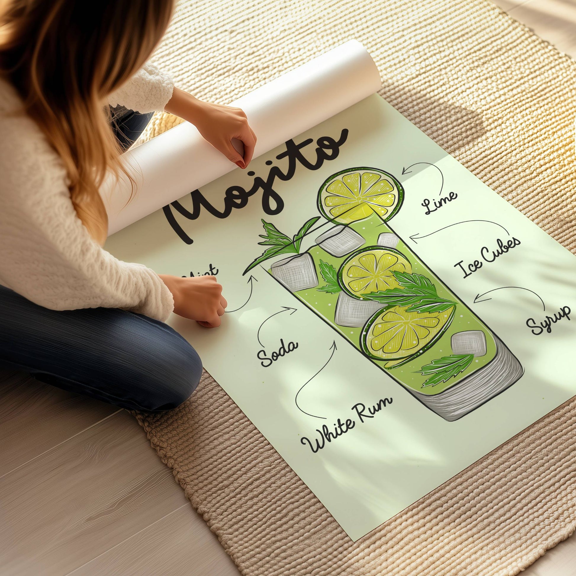 Illustrasjon viser Mojioto cocktailplakat med lys bakgrunn på print.