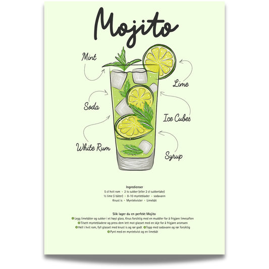 Frisk opp veggene dine med den ikoniske Mojito Oppskrift – Plakat! Denne stilige og kunstneriske plakaten kombinerer cocktailkultur med elegant design.