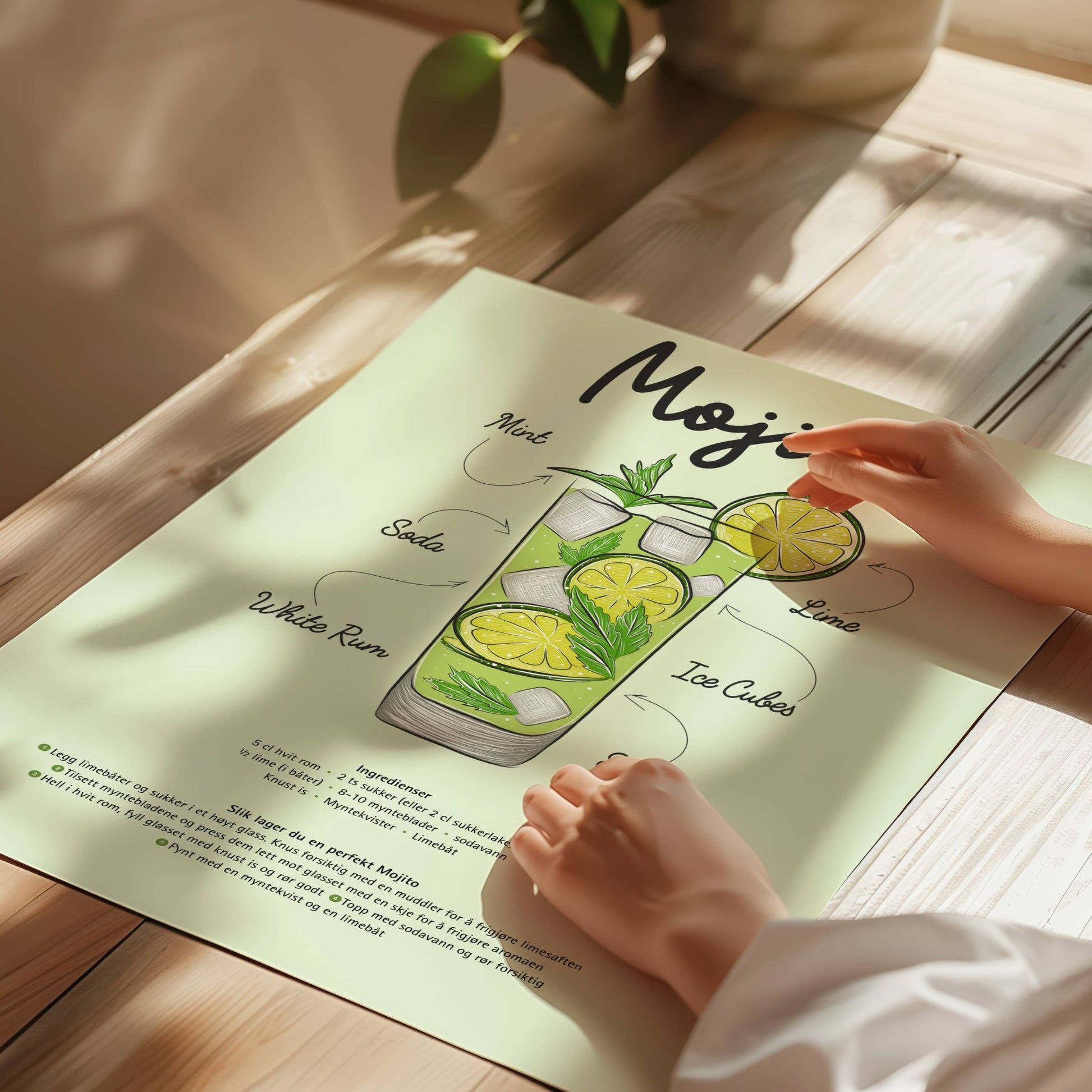Frisk opp veggene dine med den ikoniske Mojito – Plakat! Denne stilige og kunstneriske plakaten kombinerer cocktailkultur med elegant design. Illustrasjon viser plakat på print.