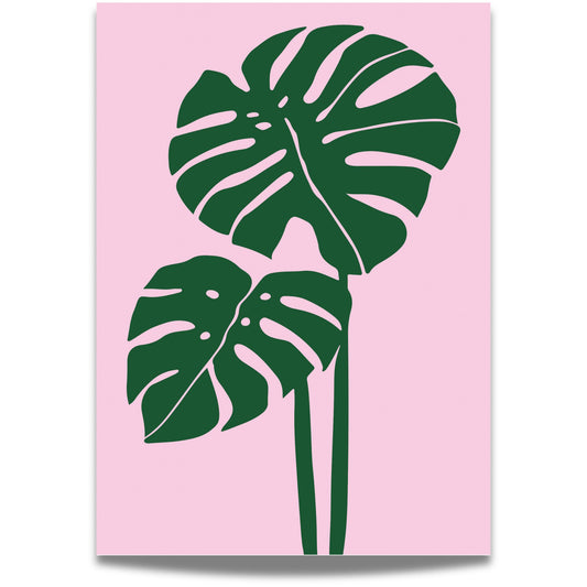 Monstera Blush – en minimalistisk og trendy botanisk plakat med to ikoniske monstera-blader i dyp grønn mot en myk rosa bakgrunn.