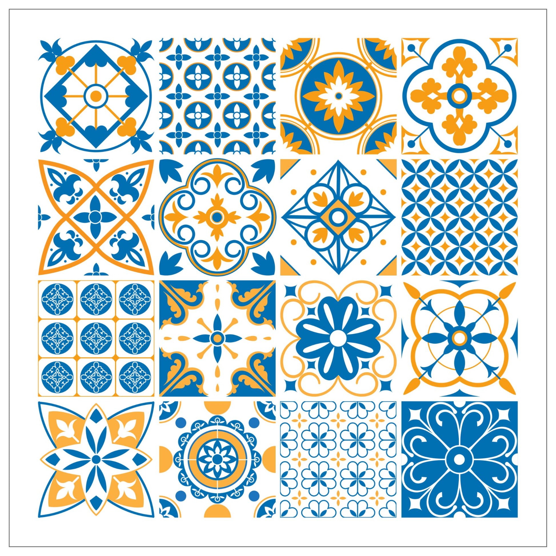 Geometrisk azulejo mønster i fargene hvit, blå og oransje.. Mønsteret består av 25 geometrisk sømløse mønstre.  