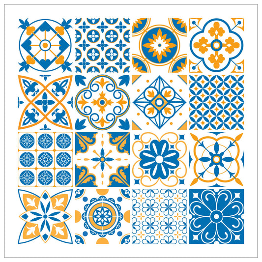 Geometrisk azulejo mønster i fargene hvit, blå og oransje.. Mønsteret består av 25 geometrisk sømløse mønstre.  