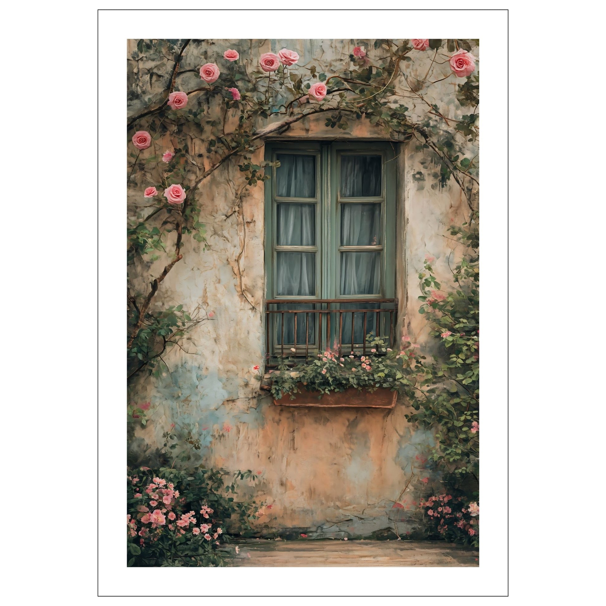 Fotografi av et vindu med grønne karmer på et gammelt hus. Foran vinduet henger en blomsterkasse og rundt vinduet vokser et rosetre med rosa blomster.