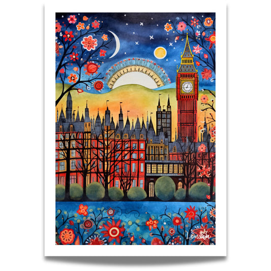 En illustrasjon av London under stjernehimmelen – med Big Ben og botaniske blomster i forgrunn.