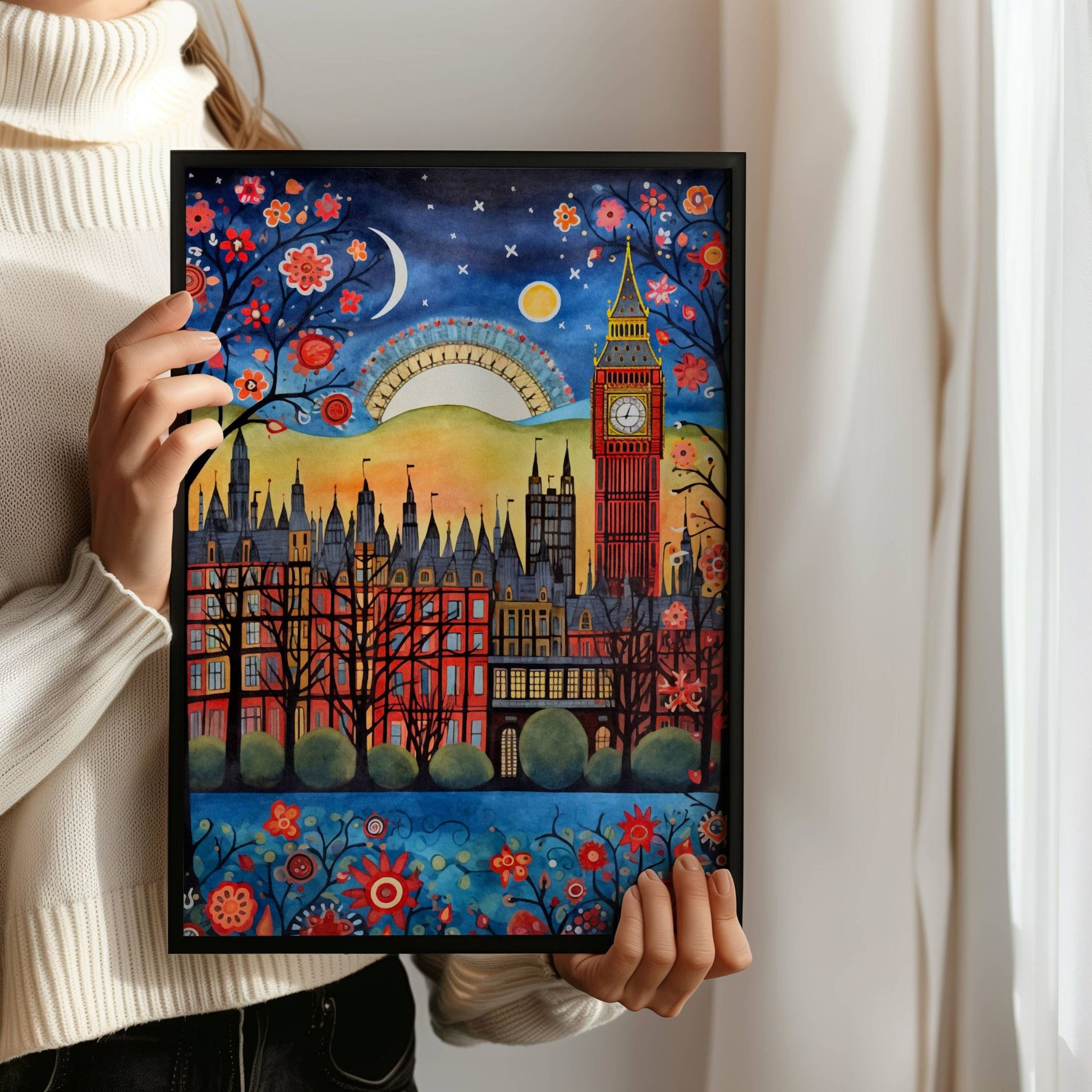 En illustrasjon av London under stjernehimmelen – med Big Ben og botaniske blomster i forgrunn. Illustrasjon viser plakat uten hvit kant i sort ramme.