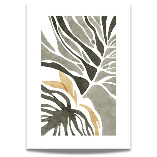 Dette unike kunstverket viser linjer og årer som minner om blader og blomster, malt i delikate akvarelltoner av grønt og beige. Plakaten har en bred, hvit kant. 