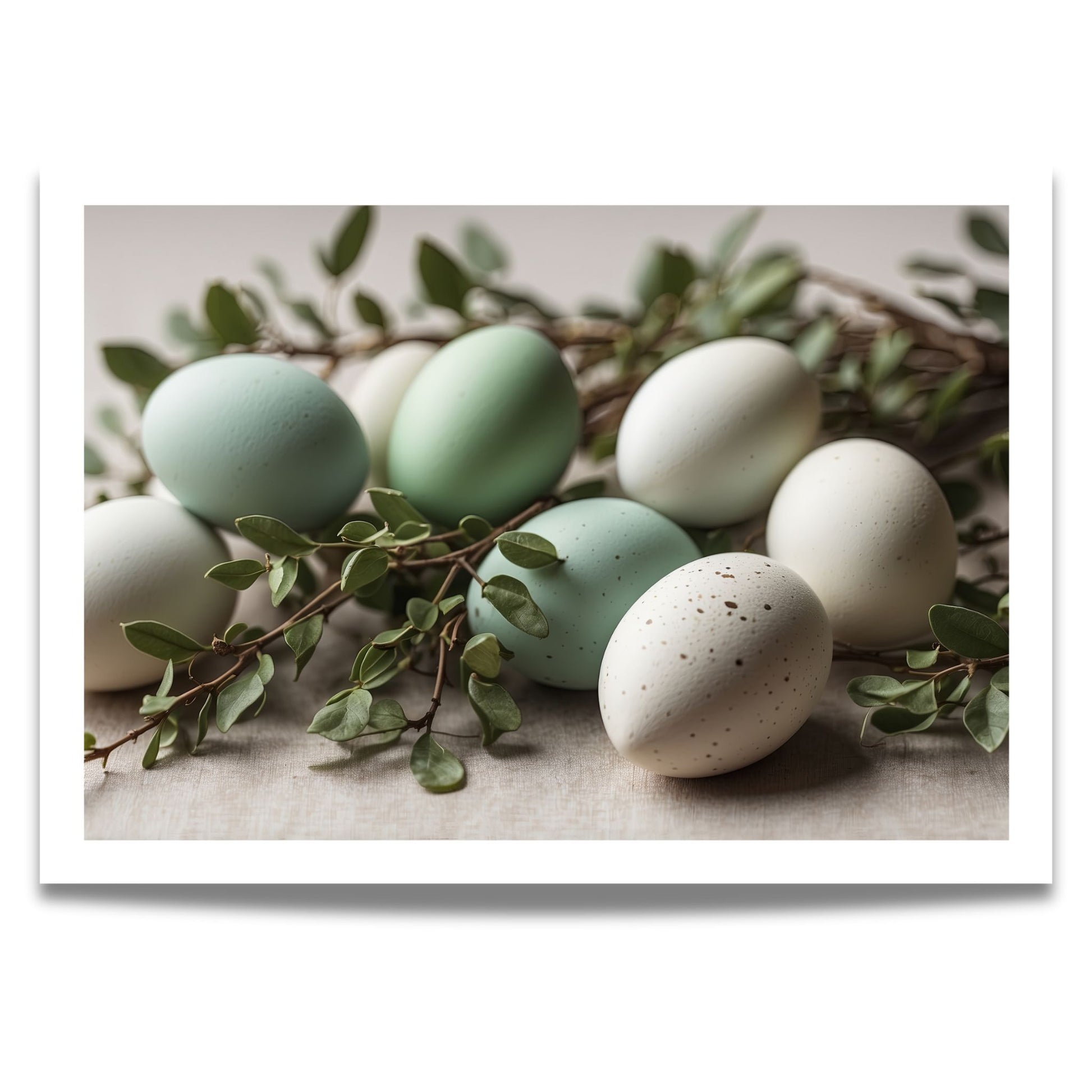 Dette vakre motivet kombinerer delikate pastellfargede egg med frodige grønne blader, perfekt for deg som ønsker en elegant og stilren påskedekor.
