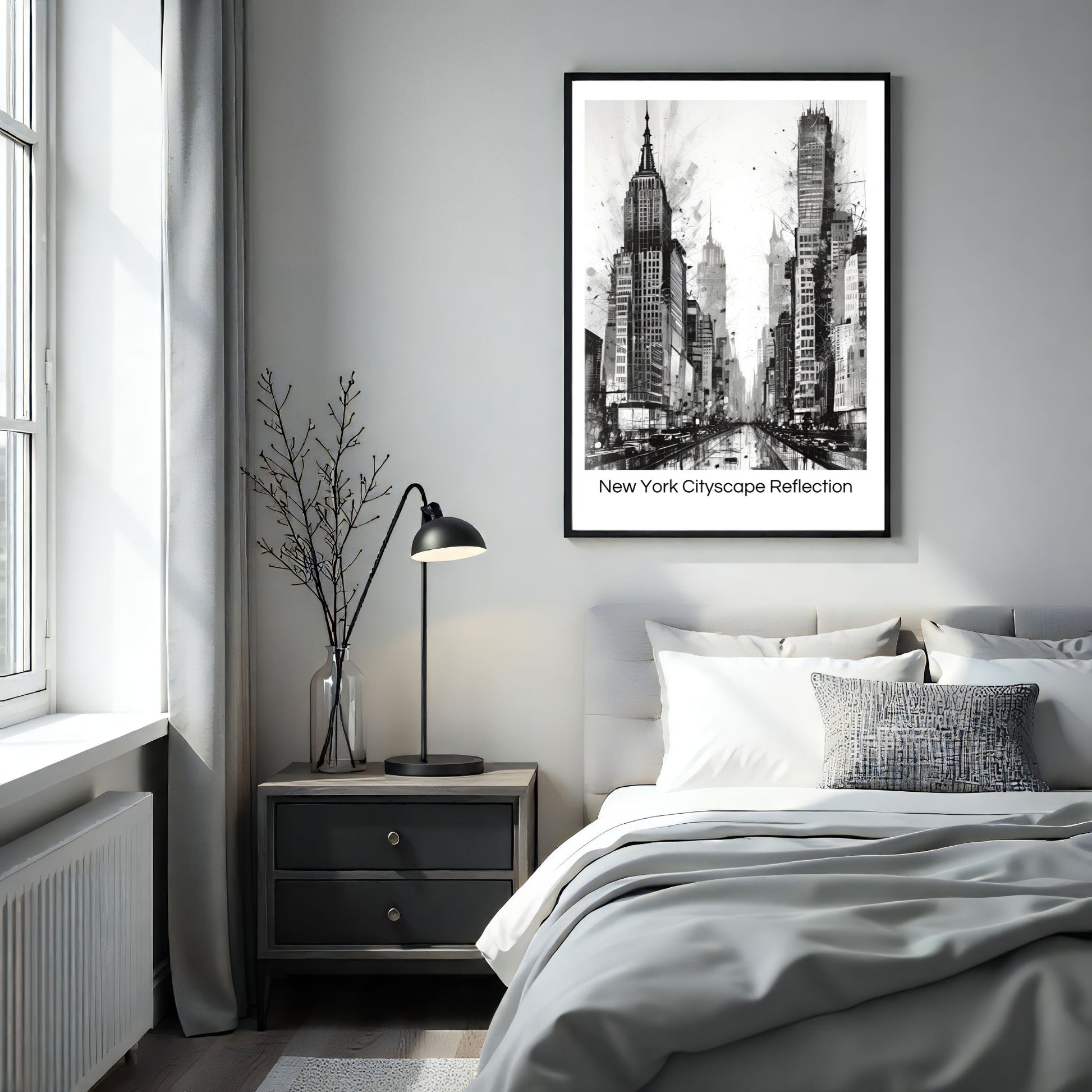 Dette unike kunstverket kombinerer den ikoniske arkitekturen fra New Yorks skyline med et kreativt, abstrakt uttrykk. Illustrasjon viser plakat med tekst i sort ramme på et soverom.