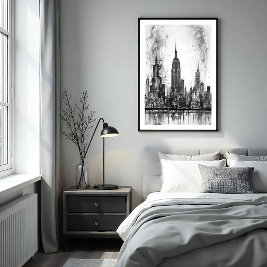 Dette stilfulle kunstverket fanger essensen av New Yorks ikoniske skyline med en moderne, abstrakt tilnærminG. Illustrasjon viser plakat med hvit kant i sort ramme på et soverom.