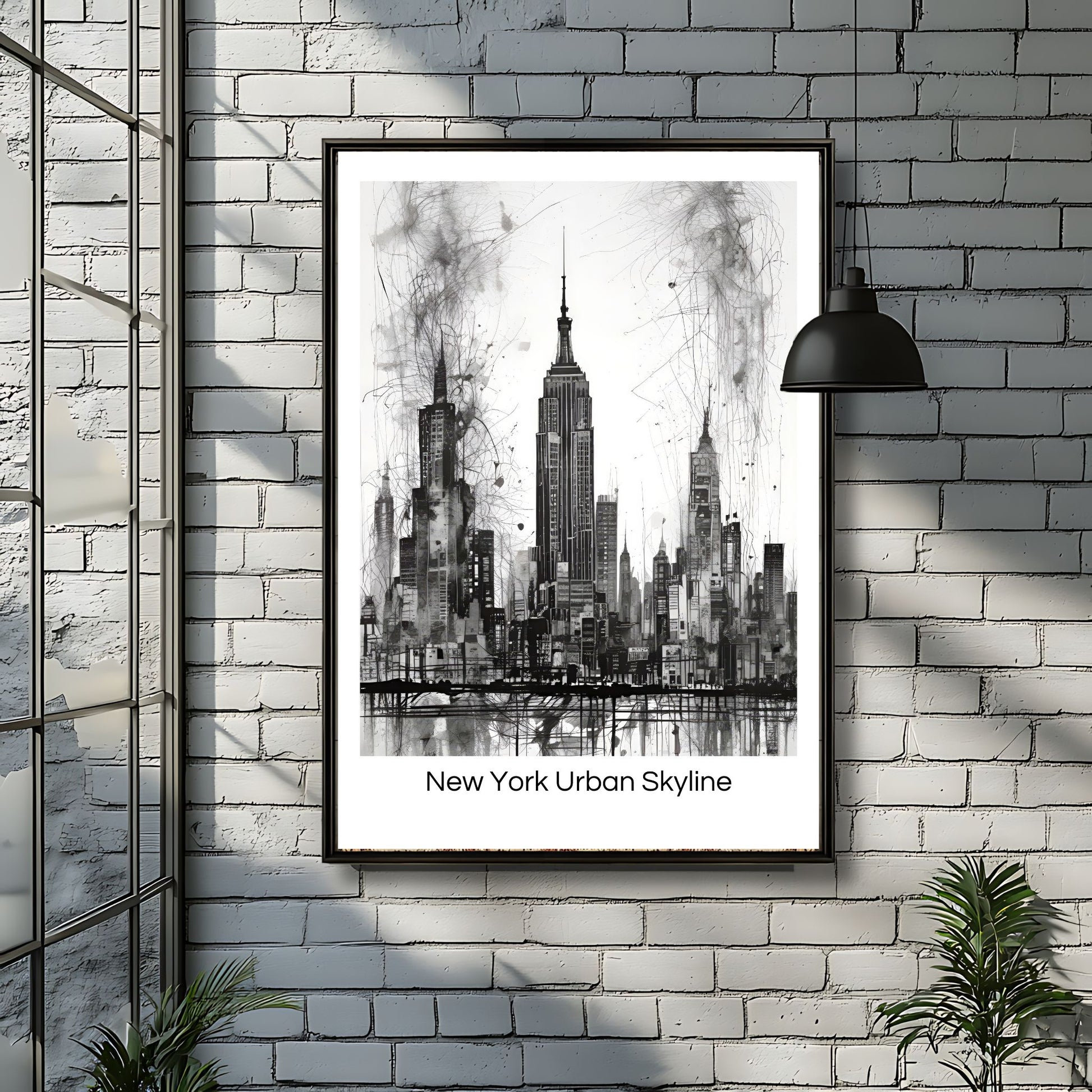 Dette stilfulle kunstverket fanger essensen av New Yorks ikoniske skyline med en moderne, abstrakt tilnærming. Illustrasjon viser plakat med tekst i sort ramme.