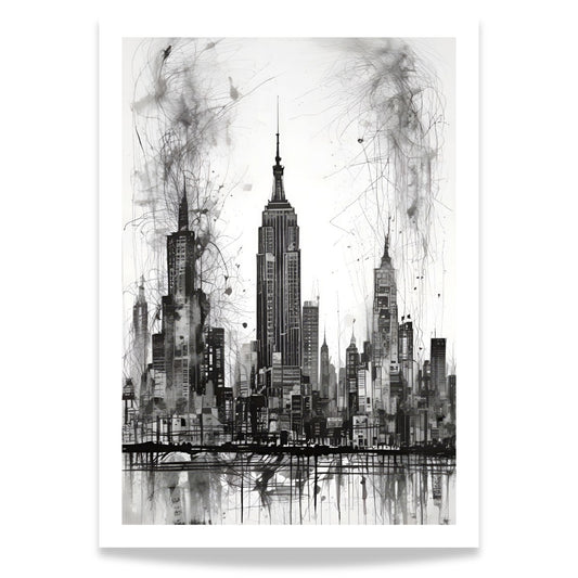 Dette stilfulle kunstverket fanger essensen av New Yorks ikoniske skyline med en moderne, abstrakt tilnærming.