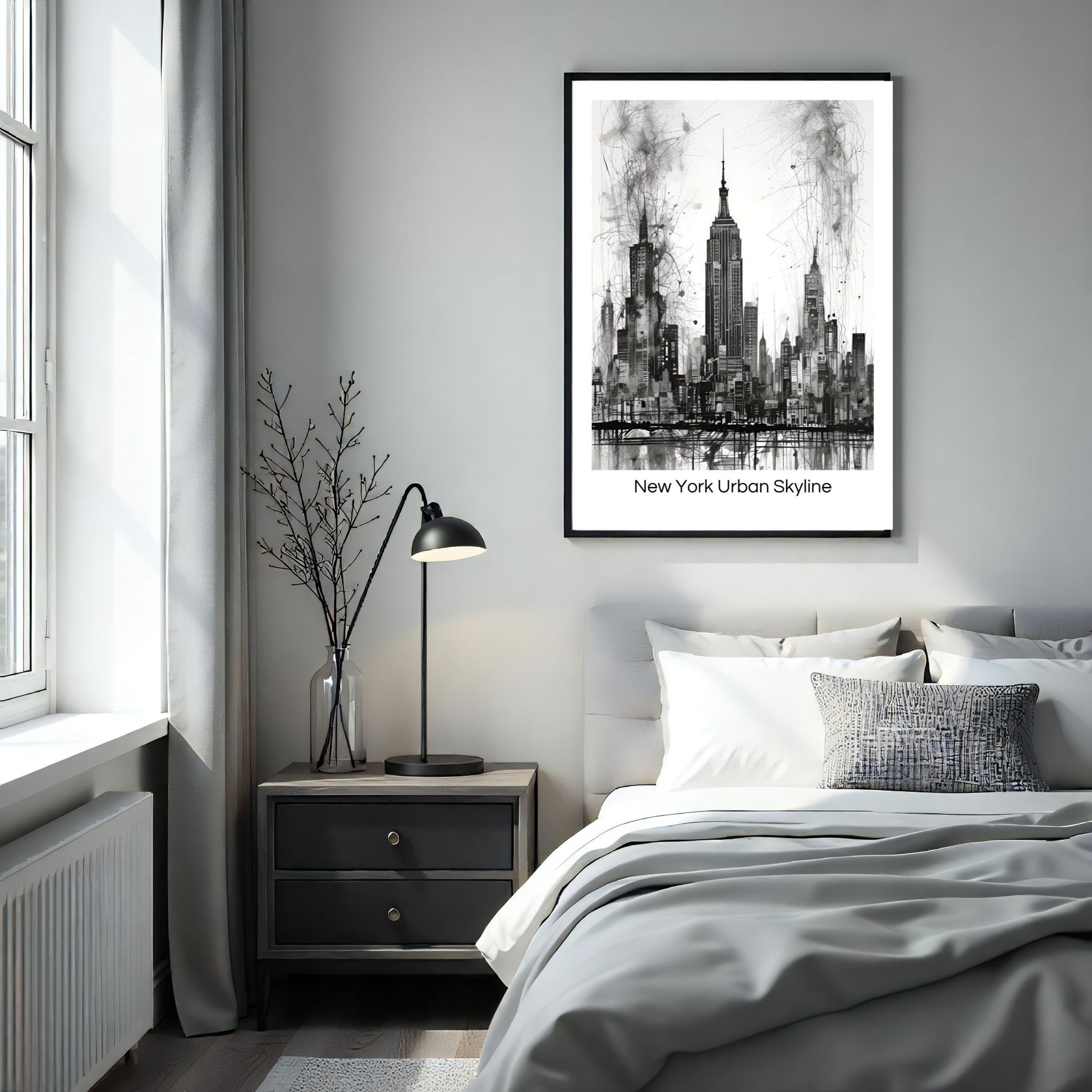Dette stilfulle kunstverket fanger essensen av New Yorks ikoniske skyline med en moderne, abstrakt tilnærming. Illustrasjon viser plakat med tekst i sort ramme på et soverom.