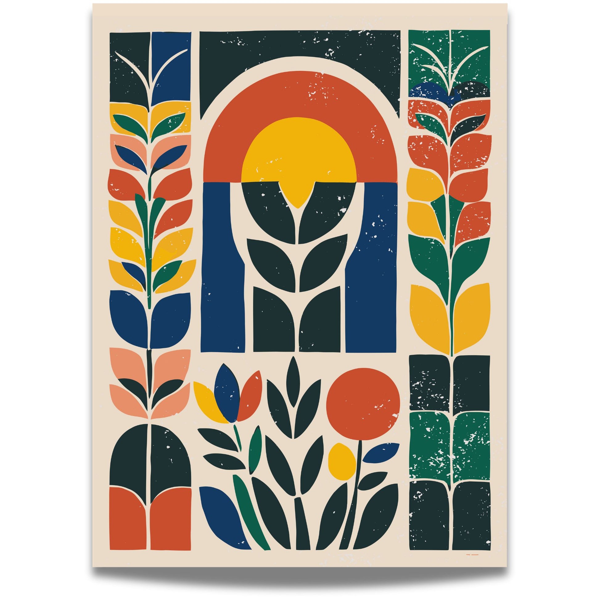  Nordic Bloom, en levende og fargerik botanisk kunstplakat som kombinerer moderne skandinavisk design med et retroinspirert uttrykk. 