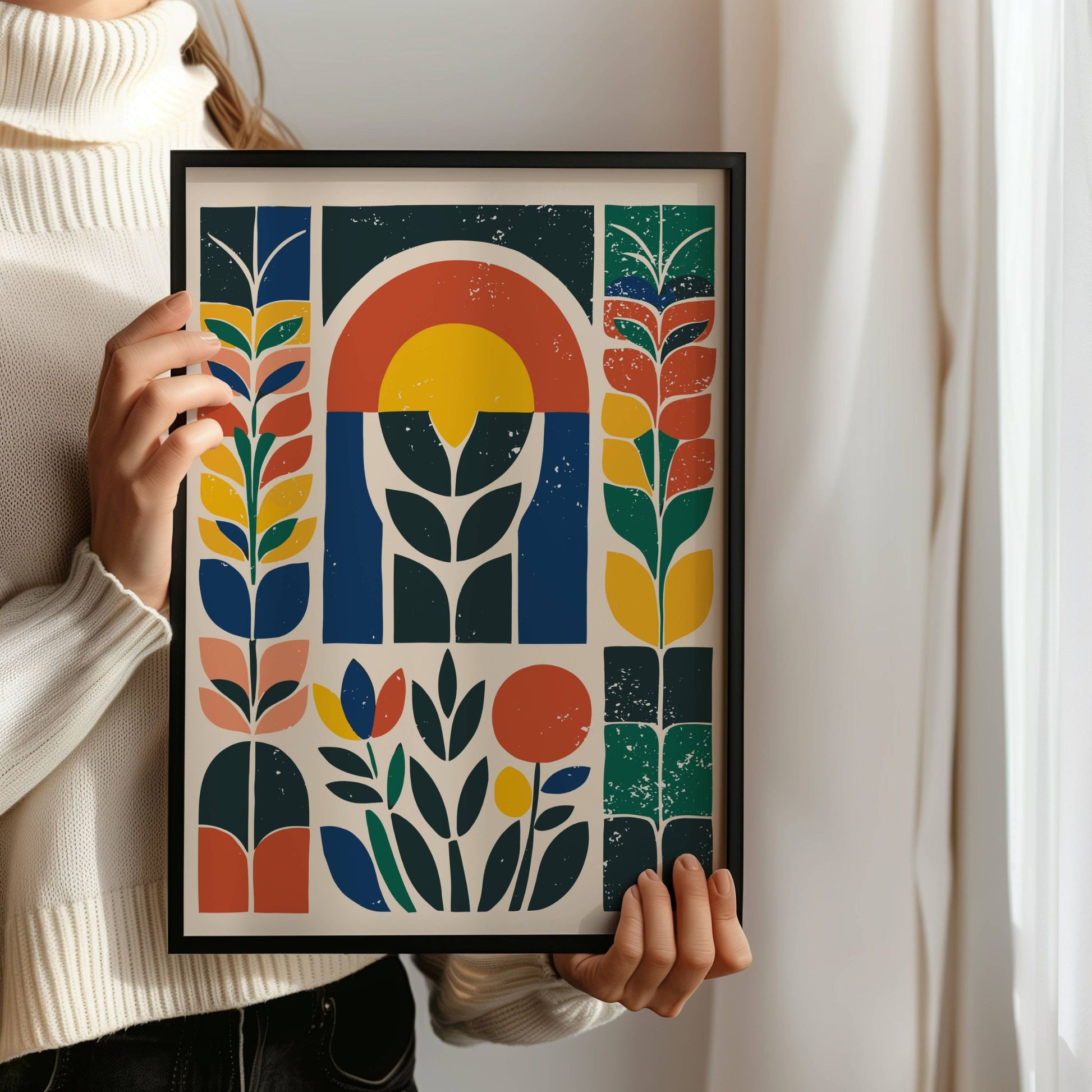  Nordic Bloom, en levende og fargerik botanisk kunstplakat som kombinerer moderne skandinavisk design med et retroinspirert uttrykk. Illustrasjon viser plakat i sort ramme.