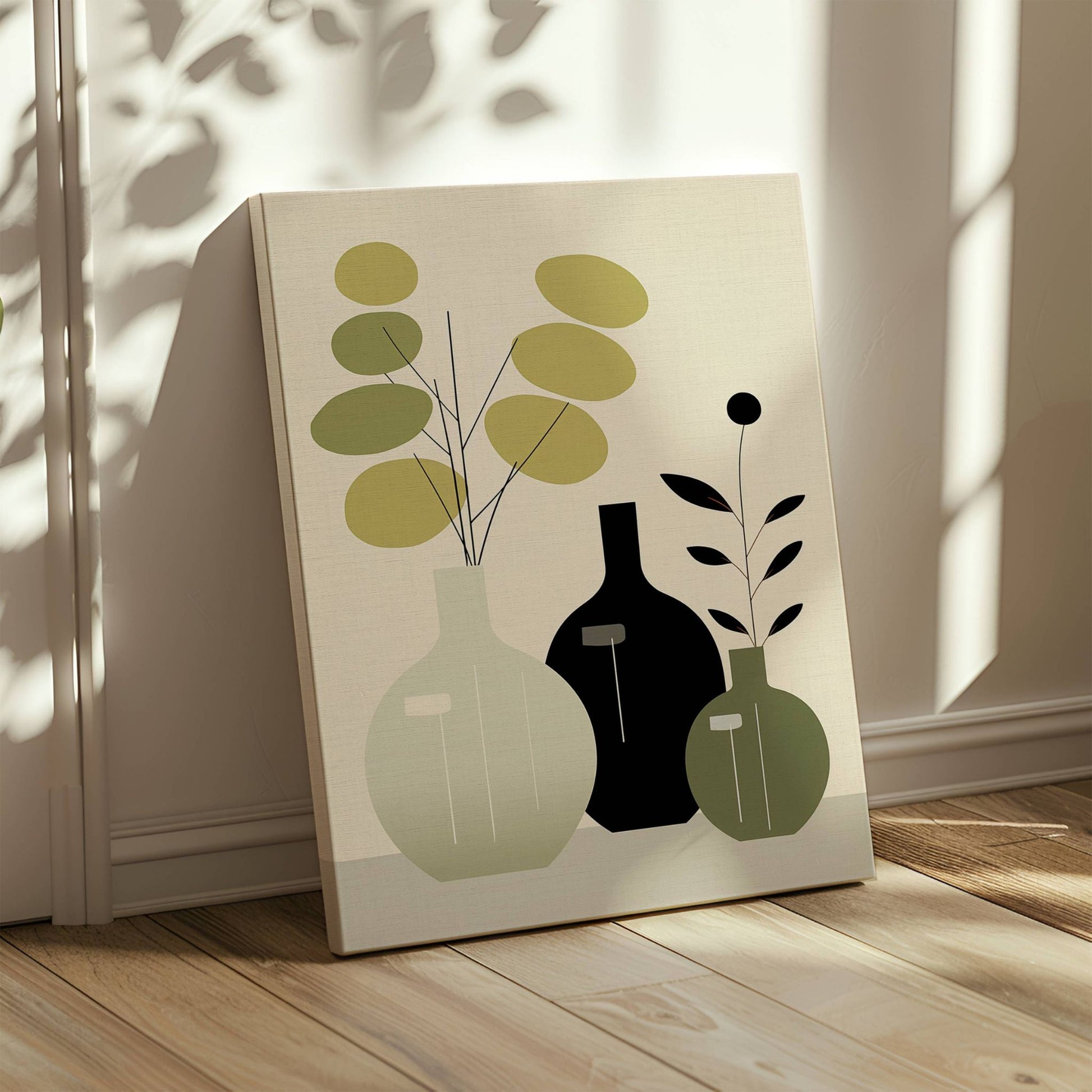  Eucalyptus Elegance er et minimalistisk kunstverk som kombinerer myke former, duse grønntoner og elegante vaser. Illustrasjon viser motivet på lerret.