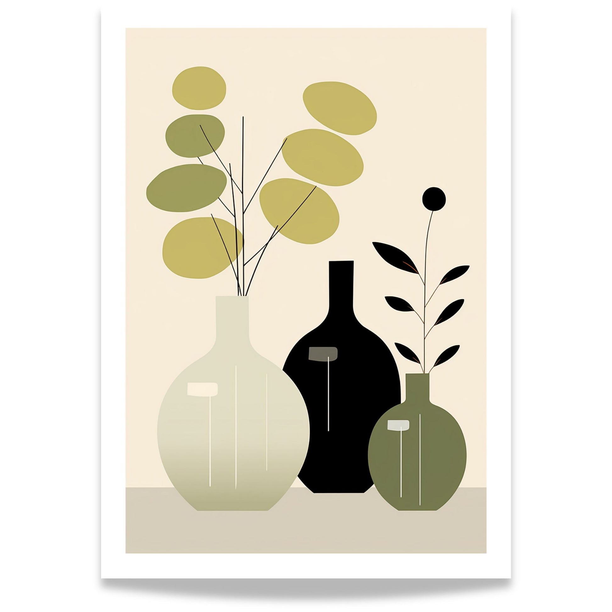  Eucalyptus Elegance er et minimalistisk kunstverk som kombinerer myke former, duse grønntoner og elegante vaser. 