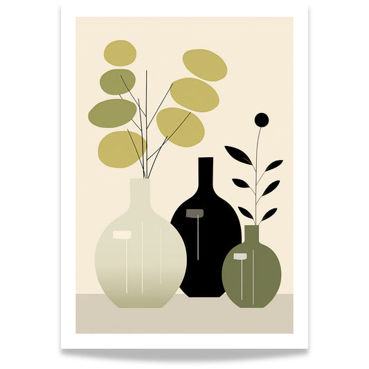  Eucalyptus Elegance er et minimalistisk kunstverk som kombinerer myke former, duse grønntoner og elegante vaser. 