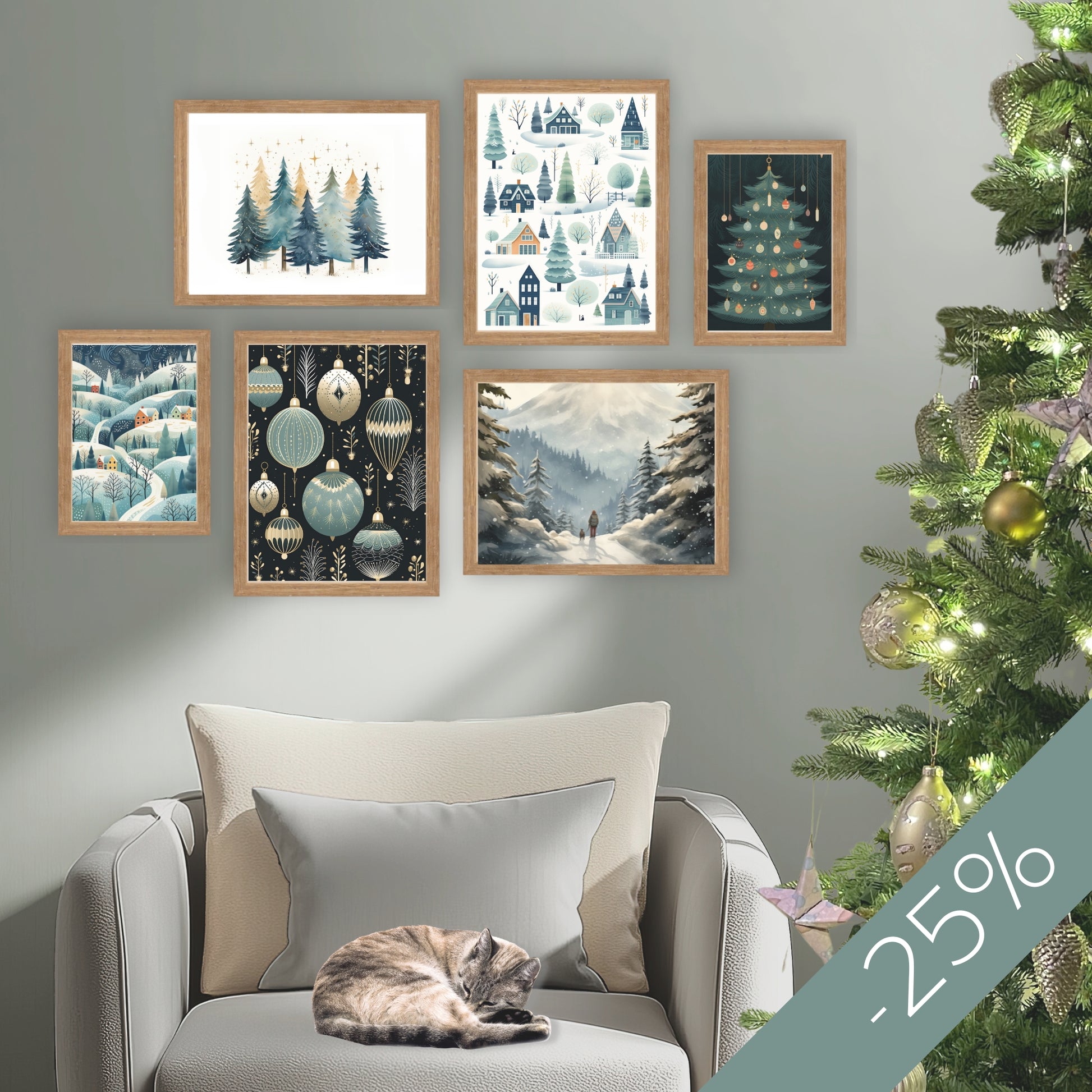 Komplett plakatpakke med seks harmoniske julemotiver i blå, gull og grønne toner: Golden Forest, Winter Village, , Golden Ornaments og Winter Walk. Illustrasjon viser plakater uten hvit kantlinje i ramme.
