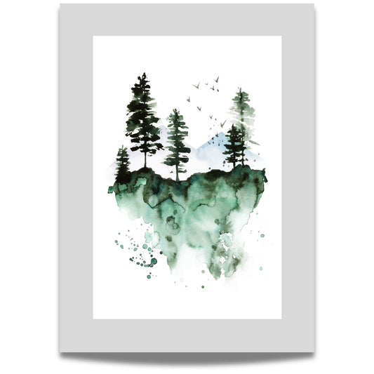 Nordic Serenity, en elegant akvarellplakat som fanger essensen av en svevende skog. 