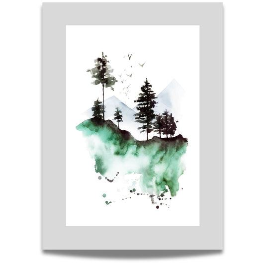  Nordic Serenity No2, en elegant akvarellplakat som fanger essensen av en svevende skog. 