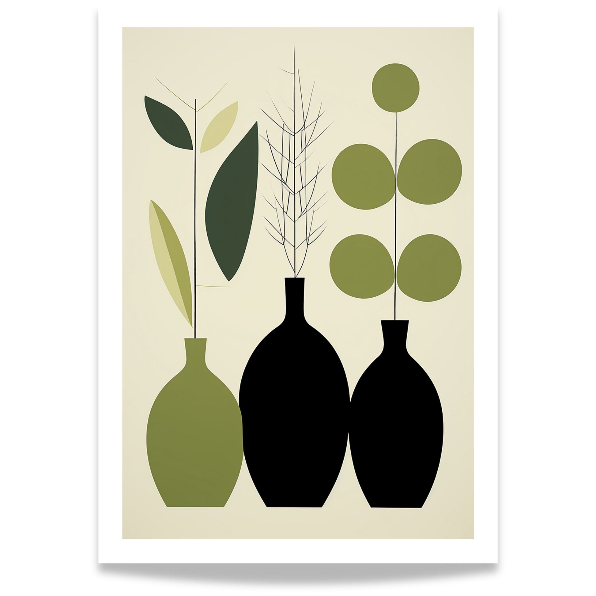 Green Harmony kombinerer geometriske vaser og botaniske elementer i en sofistikert fargepalett av grønt, beige og svart.