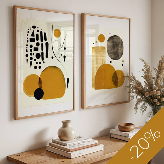 Golden Balance og Nordic Elements, to moderne kunstverk som sammen skaper et harmonisk og sofistikert uttrykk. Illustrasjon viser motivene som plakat i eik ramme.