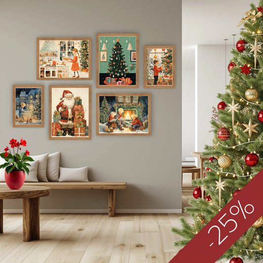 Komplett veggpakke med alle seks nostalgiske motivene fra Nostalgic Chrismas Collection. Illustrasjon viser plakaten uten hvit kantlinje.