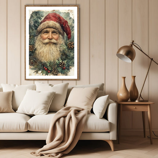 Dette motivet bringer frem minnene om klassiske julekort, med en smilende nisse omgitt av vintergrønt, kongler og røde bær. Illustrasjon viser motivet som plakat med hvit kant i lys ramme.